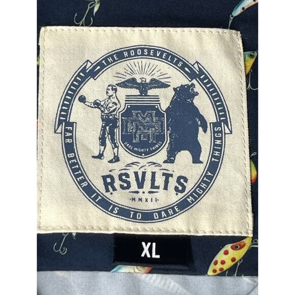 RSVLTS Fishing Lures Camp Shirt Mens XL "Lure 'em in" Navy Blue Button Kunuflex - Picture 9 of 12